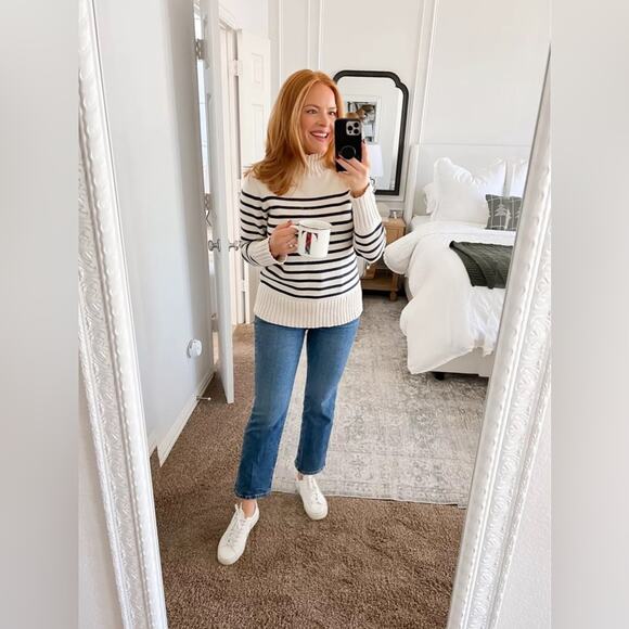 J.CREW Cotton Turtleneck Sweater in Stripe Ivory White & Black Oversized XS NEW - Picture 9 of 14